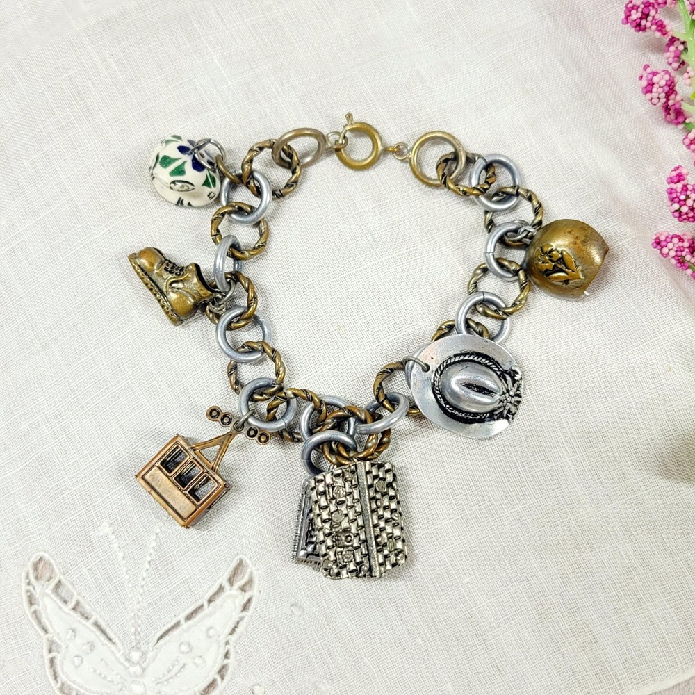 Vintage Mid Century Charm Bracelet Silver Gold Tone link chain
